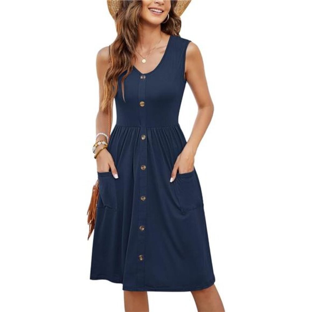Women Summer Dress Sleeveless Casual Loose Swing Button Down Midi with Pockets